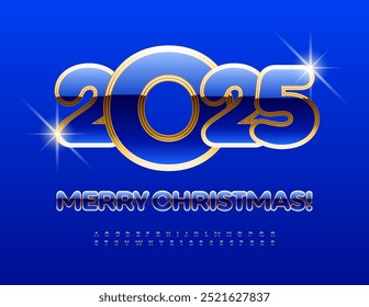 Vector luxury Greeting Card Merry Christmas 2025! Blue and Gold Alphabet Letters and Numbers set. Trendy Elite Font