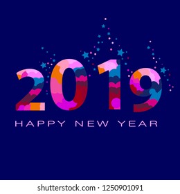 Vector luxury Happy New Year 2019 Greeting Card with colored tinsel. Elegant Calligraphic Alphabet Letters, Numbers and Symbols.
