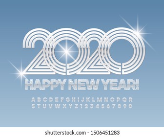 Vector luxury Happy New Year 2020 Greeting Card with Silver set of Letters and Numbers. Chic elegant Font.