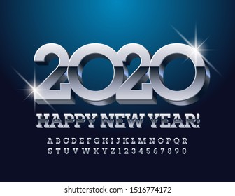 Vector Luxus-Happy-Neujahr 2020 Grußkarte mit Alphabet Satz von Buchstaben und Zahlen. Silver 3D Font.