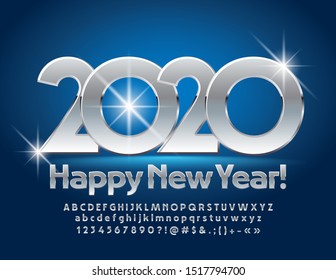 Vector luxury Happy New Year 2020 Greeting Card. Beautiful Silver Font. Metallic Alphabet Letters and Numbers. 