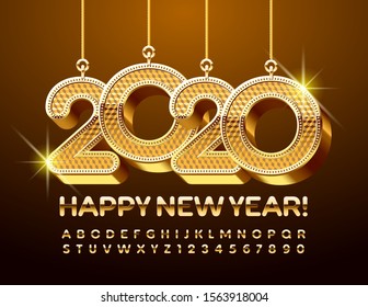 Vector luxury Happy New Year 2020 Greeting Card with chic Toys. Stylish Golden  Font. Glossy Alphabet Letters and Numbers.