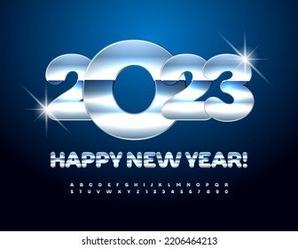 Vector luxury Happy New Year 2023 Greeting Card. Modern Silver Font. Beautiful Metallic Alphabet Letters and Numbers. 