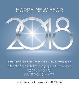 Vector luxury Happy New Year 2018 Greeting Card with Alphabet set of Letters, Symbols and Numbers. Silver Font contains Graphic Style