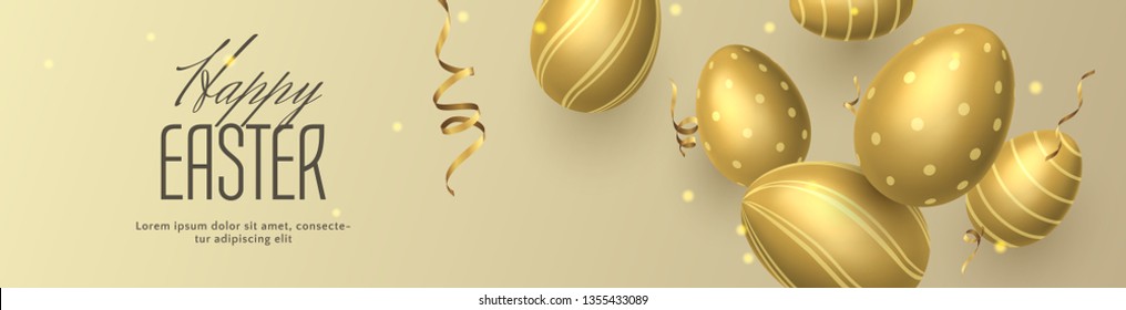 Vector luxury horizontal banner for Easter celebration with golden 3D eggs and gold realistic ribbons. Festive elegant template for greeting newsletters and holiday flyers.