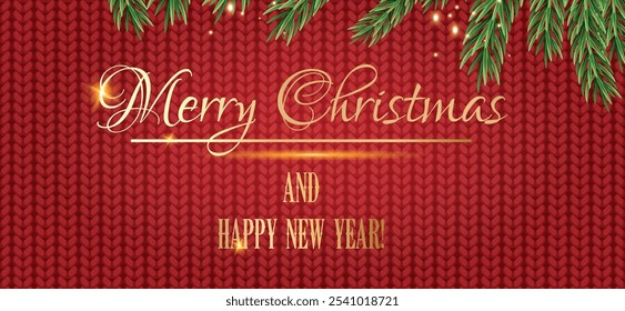 Vektor Luxus horizontal Frohe Weihnachten und Neujahr Poster mit Strickwolle und Tannenzweige Hintergrund. Goldene Weihnachtsgrußkarte mit gehäkelter Stofftextur