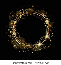 Lujo vectorial, Circulo dorado de Ilustración, forma redonda. Diseño abstracto, elemento decorativo con línea de marco dorado, efecto luminoso brillante destello y brillo brillante en color negro. Fondo de la plantilla de banners