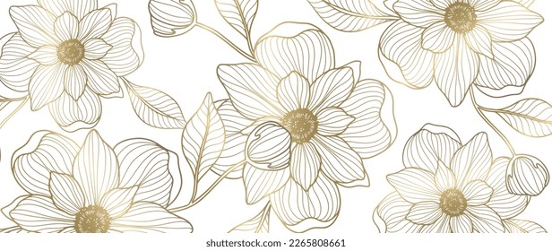 Vector luxury illustration with golden flowers, branches, leaves, buds on a white background for decor, covers, backgrounds, wallpapers