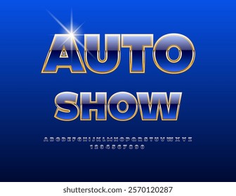 Vector luxury invitation Auto Show. Elite Blue and Golden Alphabet Letters and Numbers. Premium Cool Font.