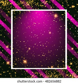 Vector luxury invitation card design. Gold confetti and black background. Glittering golden dust. Perfect for invitation.