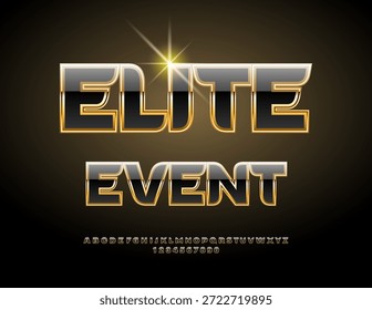 Evento Elite, convite de luxo vetorial. Incrível fonte preta e dourada. Letras e Números de Alfabeto Chic brilhante definido.