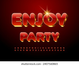 Vector luxury invitation Enjoy Party. Trendy Luxury Font. Red and Gold chic Alphabet Letters and Numbers set