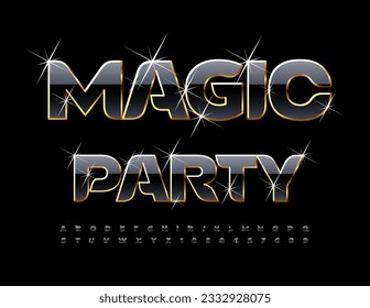 Vector de la invitación de lujo Magic Party. Fuente misteriosa con estrellas brillantes. Elegante letra y números de alfabeto negro