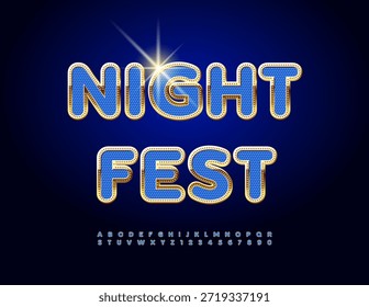 Vector Invitación de lujo Night Fest. Elegante fuente azul y dorada. Conjunto de letras y números de alfabeto de moda.