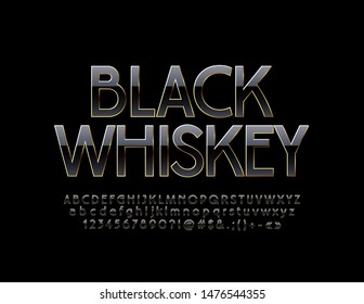 Sello vectorial de lujo Black Whiskey con alfabeto negro y oro. Tipografía delgada en mayúsculas. Letras y números chic premium