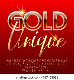 Vector luxury label Gold unique. Set of elite Calligraphic Alphabet Letters, Numbers and Symbols