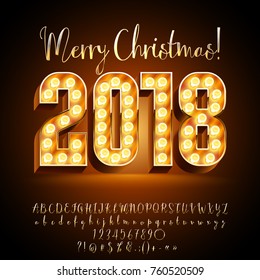 Vector luxury light bulb Merry Christmas 2018 Greeting Card with Golden Alphabet set of Letters, Symbols and Numbers.