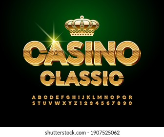 Vector luxury logo Casino Classic with Decorative Crown. Textured elite Font. 3D Gold Alphabet Letters and Numbers set