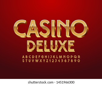 Vector luxury logo Casino Deluxe with 3D Golden Font. Premium Uppercase Alphabet. Elegant pattern Letters and Numbers