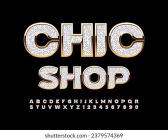 Luxus-Logo Chic Shop Vektorgrafik. Set von Premium Alphabet Letters and Numbers. Diamant strukturierte und goldene Schriftart