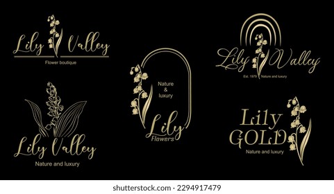 Vector luxury logo design set in trendy linear style with Lily of the Valley flowers. Golden line art logotypes on black background for beauty, florist emblem, jewelry, cosmetic packaging