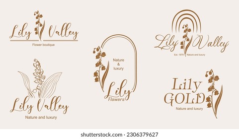 Vector luxury logo design set in trendy linear style with Lily of the Valley flowers. Golden line art logotypes on neutral background for beauty, florist emblem, jewelry, cosmetic packaging