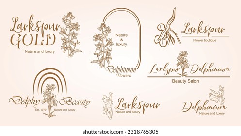 Vector luxury logo design set in trendy linear style with Larkspur flower. Golden line art Delphinium logotypes on neutral pink beige background for beauty, florist emblem, jewelry, cosmetic packaging