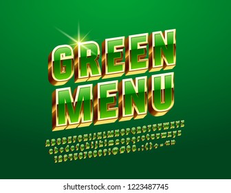 Vector luxury Logo Green Menu with bright 3D Font. Chic Alphabet Letters.