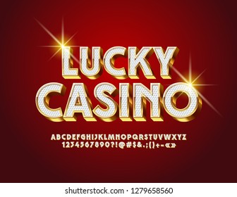 Vector luxury Logo Lucky Casino. Royal Alphabet Letters, Numbers and Symbols. Stylish White and Golden 3D Font. 