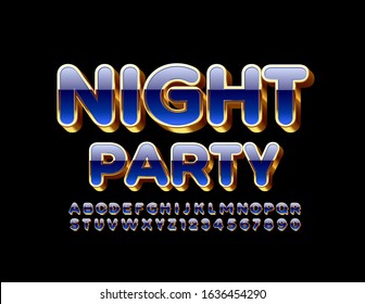 Vector luxury logo Night Party. Chic Modern 3D Font. Glossy Blue and Golden Alphabet Letters and, Numbers.
