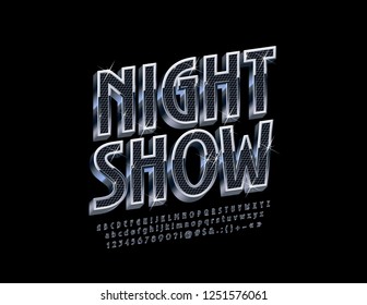 Vector luxury Logo Night Show. Black and Silver 3D Font with sparkling Stars. Set of stylish Alphabet Letters, Numbers and Symbols.