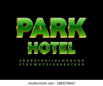 Logotipo vectorial de lujo Park Hotel con letras y números de alfabeto verde y dorado. Tipo de letra 3D chic
