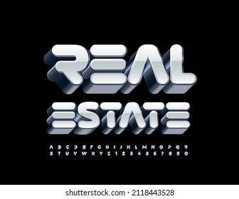 Logotipo vectorial de lujo Inmobiliaria con fuente única 3D. Letras y números de alfabeto blanco y plateado