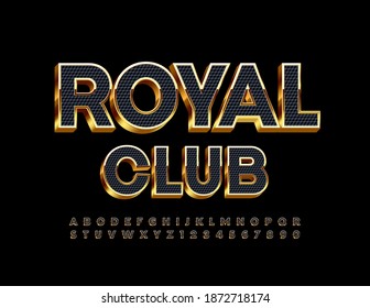 Vector luxury logo Royal Club. Elegant 3D Font. Uppercase Black and Golden Alphabet. Chic Letters and Numbers set