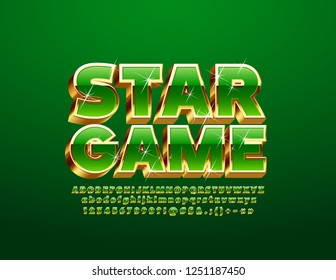 Vector luxury Logo Star Game. Green and Golden Alphabet Letters, Numbers and Symbols. Royal 3D Font with sparkling Stars.