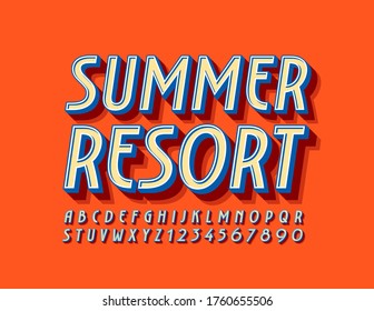 Logotipo vectorial de lujo Summer Resort con fuente antigua de moda. Letras y números de alfabeto de época 3D