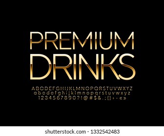 Vector luxury logo with text Premium Drinks. Royal Golden set of Alphabet Letters, Numbers and Symbols. Elegant thin Font.