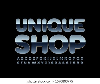 Vector luxury logo Unique Shop. Metallic beautiful Font. Reflective Alphabet Letters and Numbers