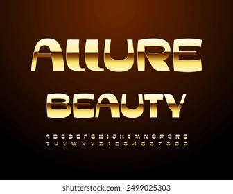 Vector luxury logotype Allure Beauty. Creative Golden Font. Elite Alphabet Letters and Numbers set.