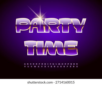 Logotipo de lujo de Vector Party Time. Impresionante violeta y fuente de oro. Conjunto de letras y números de alfabeto con clase	