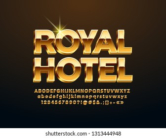 Vector luxury logotype Royal Hotel with 3D Golden Font. Chic Alphabet Letters, Numbers and Symbols for Business, Marketing, Advertisement