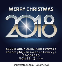 Vector luxury Merry Christmas 2018 greeting card with  Alphabet set of Letters, Symbols and Numbers. Silver Font contains Graphic Style