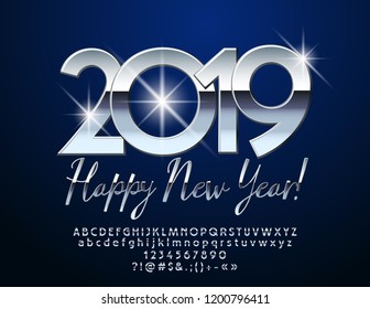 Vector luxury Merry Christmas 2019 Greeting Card with Alphabet set of Letters, Symbols and Numbers. Silver Font.