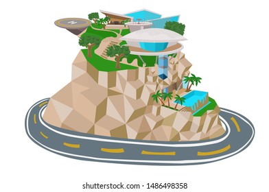 Vector of luxury modern house on mountain with private swimming pool and helicopter parking spot and surrounded by a road. 3d vector illustration on white background.