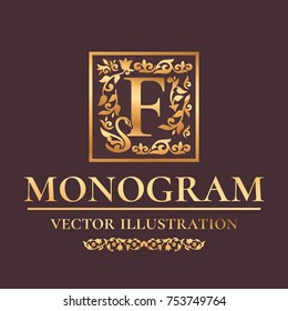 Vector Luxury Monogram "F" Logo Design Template. Vintage Royal Golden Ornament Frame Label For Fashion Boutiques, Alcohol Brands, Hotels, Wedding Invitations, Banners, Packaging