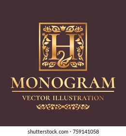 Vector Luxury Monogram "H" Logo Design Template. Vintage Royal Golden Ornament Frame Label For Fashion Boutiques, Alcohol Brands, Hotels, Wedding Invitations, Banners, Packaging