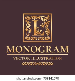 Vector Luxury Monogram "L" Logo Design Template. Vintage Royal Golden Ornament Frame Label For Fashion Boutiques, Alcohol Brands, Hotels, Wedding Invitations, Banners, Packaging