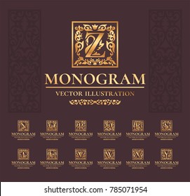 Vector Luxury Monogram Logo Design Set. Vintage Collection Of Royal Golden Ornament Frame Label For Fashion Boutiques, Alcohol Brands, Hotels, Wedding Invitations, Banners, Packaging
