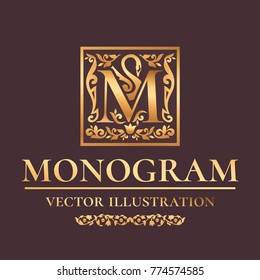 Vector Luxury Monogram "M" Logo Design Template. Vintage Royal Golden Ornament Frame Label For Fashion Boutiques, Alcohol Brands, Hotels, Wedding Invitations, Banners, Packaging