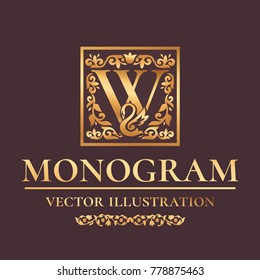 Vector Luxury Monogram "W" Logo Design Template. Vintage Royal Golden Ornament Frame Label For Fashion Boutiques, Alcohol Brands, Hotels, Wedding Invitations, Banners, Packaging